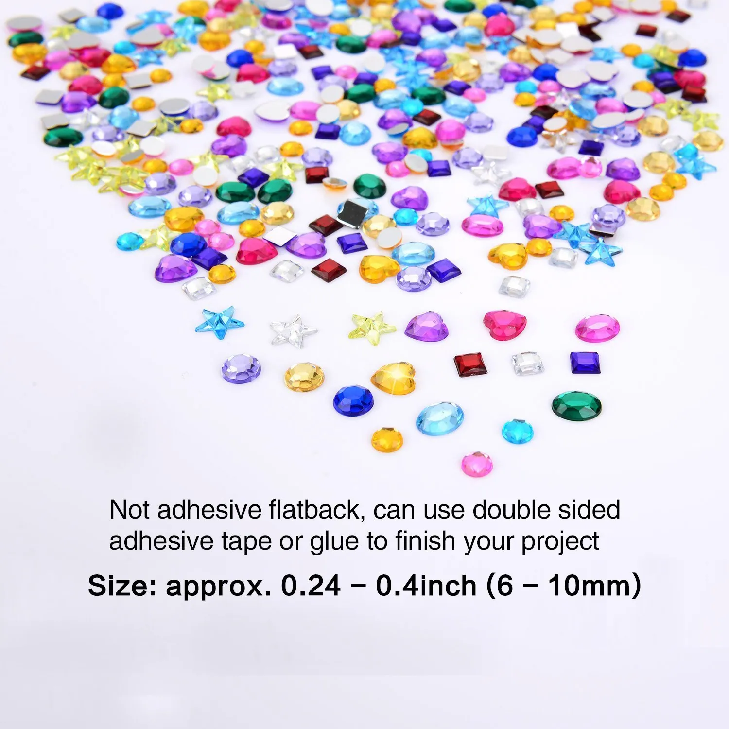 Adhesive gem stickers in mixed sizes and colours, photographed on white