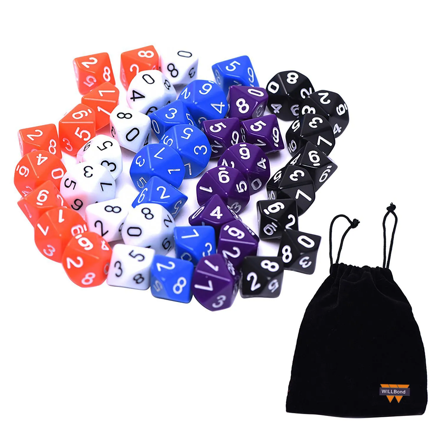 Polyhedral dice in red, black and white beside a WillBond drawstring pouch