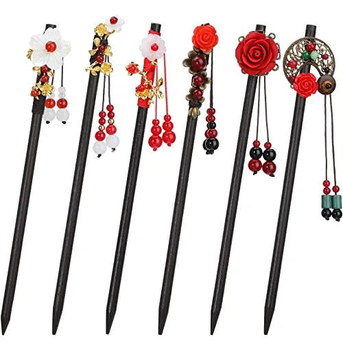 6 Pcs Japanese Hair Chopsticks Wooden,Vintage Red Tassel