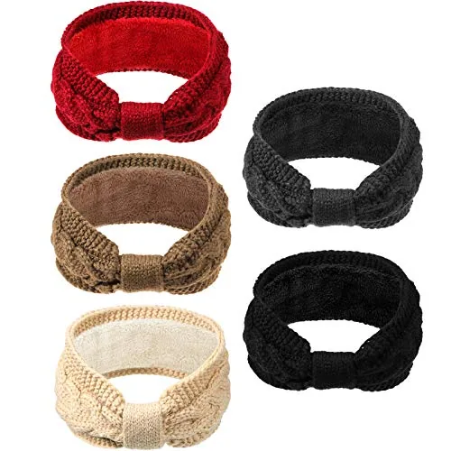 5 Pieces Winter Cable Knit Headbands Fleece Lined Headbands Thick Crochet