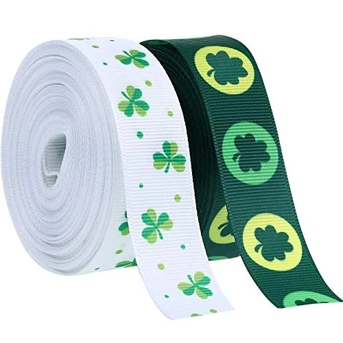 2 Rolls of St. Patrick's Day Ribbons Green Shamrock Ribbon Wired Irish