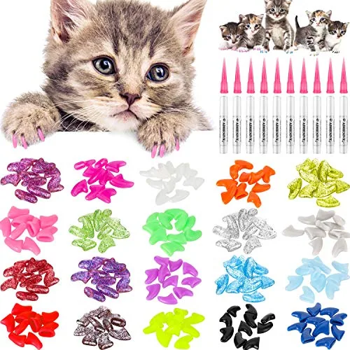 200 Pcs Cat Claw Caps, 20 Colors, 10 Adhesive Glues 10 Applicators