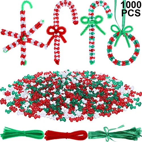 1000 Pcs Christmas Tri Beads 50 Pipe Cleaners Ribbon