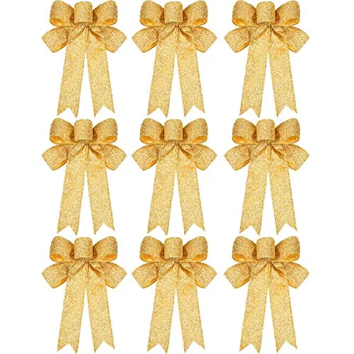 9 Pieces Gold Christmas Ribbon Bows Glitter Bow Wreath Bow for Christmas