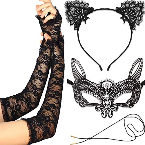 Halloween lace cat ear headband mask gloves choker necklace masquerade