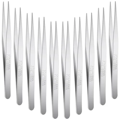 10 Pcs Stainless Steel Tweezers Long Lab Forceps Flat Round Tip
