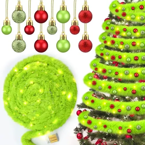Lime Green Christmas Garland with LED Lights, 40 Ball Ornaments