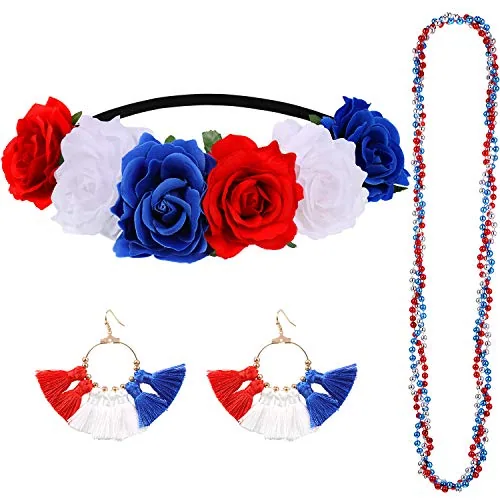 4pcs 4th of July Accessories Set Flower Patriotic Headband Crown Red