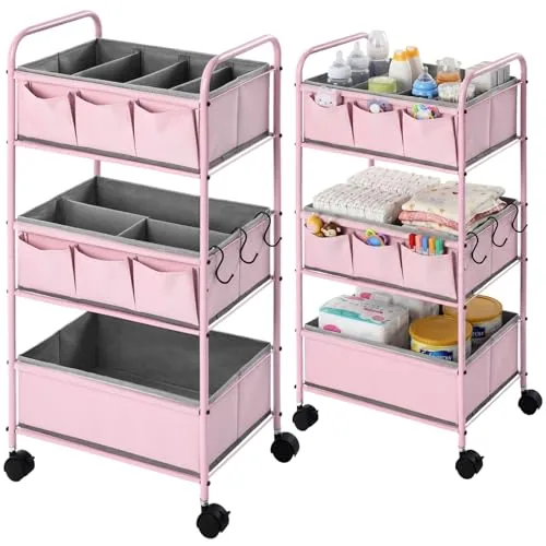 3 Tier Pink Baby Diaper Caddy Organizer Cart with 4+3 Dividers Large