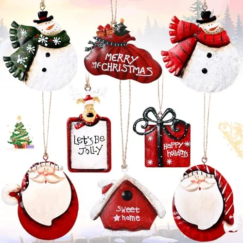 8 Pieces Christmas Tin Metal Ornaments Tin Santa Claus Decorations