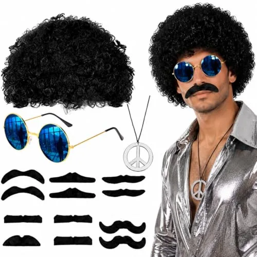 15 Pcs 70s Disco Hippie Afro Wig Costume Men Accessories