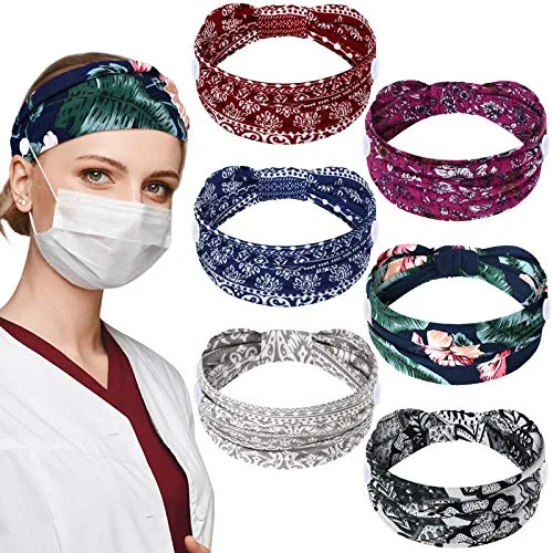 6 Pieces Headbands with Buttons for Mask Non Slip Boho Nursing Headbands