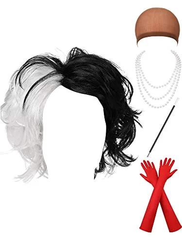 5 Pcs Half Black and White Wig Set Women Lady Halloween Costume