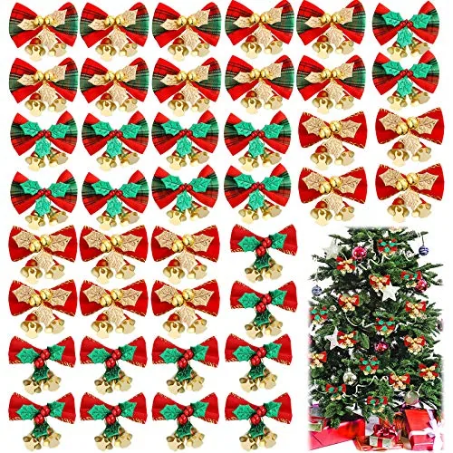 40 Pieces Christmas Mini Bows for Crafts with Bells, 2 Inch