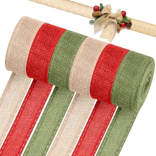 6 Rolls 33 Yards Christmas Burlap Ribbon Fabric Wired Edge Green Red