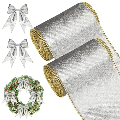 2 Rolls Christmas Wired Ribbon, 4 Inch X 6 Yards