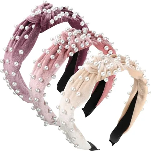 3 Pieces Pearls Headband Knotted Headband for Women Retro Velvet Pearls