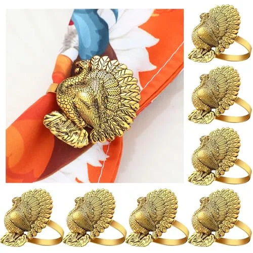 12 Pcs Thanksgiving Turkey Napkin Rings Bulk Metal,Gold-Colored