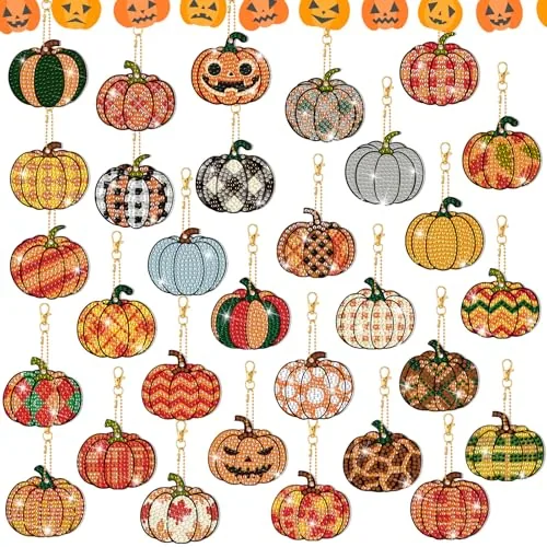 30 Pcs Halloween Pumpkin Diamond Art Keychains Kits for Beginner