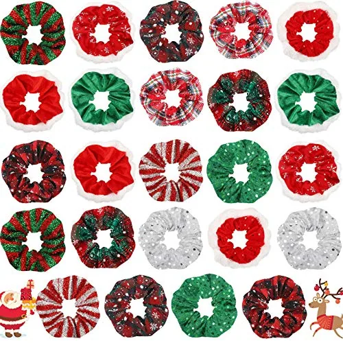 25 Pcs Christmas Scrunchies Velvet Plaid,Retro Christmas Pattern