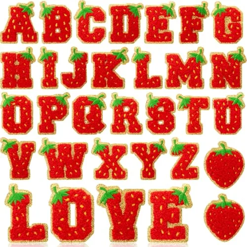28 Pcs Strawberry Letter Chenille Patches Self Adhesive Berry Theme Cute