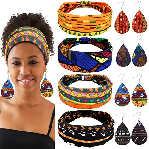 4 Pack African Headband Earring Set for Women