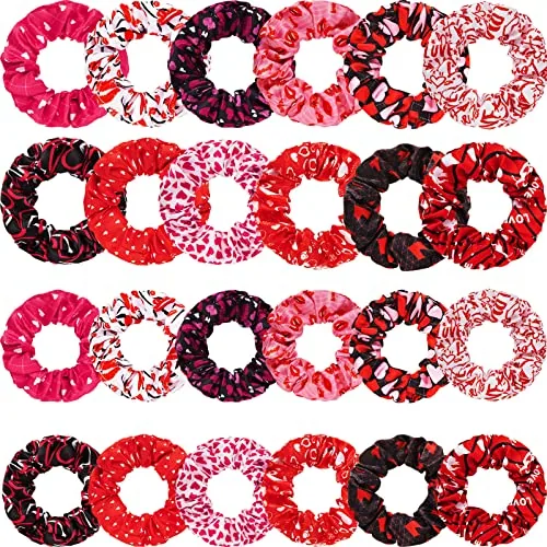 24 Pieces Valentine's Day Hair Scrunchies Hearts Soft Elastic Bands