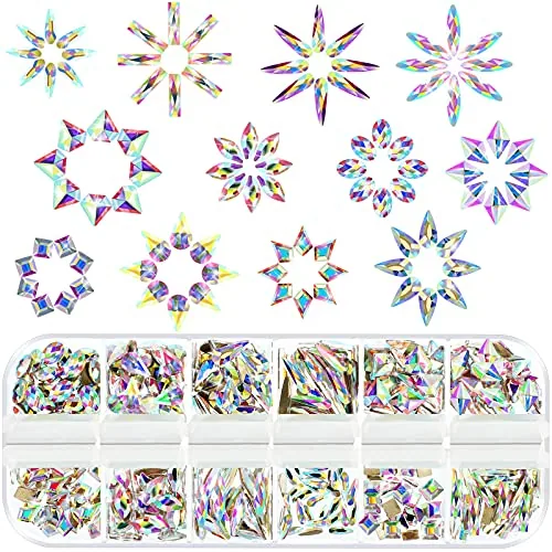 12 Styles 360 Pcs Rhinestones Nail Art Gems,Multi Shapes 3D Glass AB