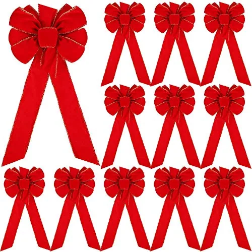 12 Pieces Velvet Christmas Red Bows Gold Wired Edge Ribbon Christmas