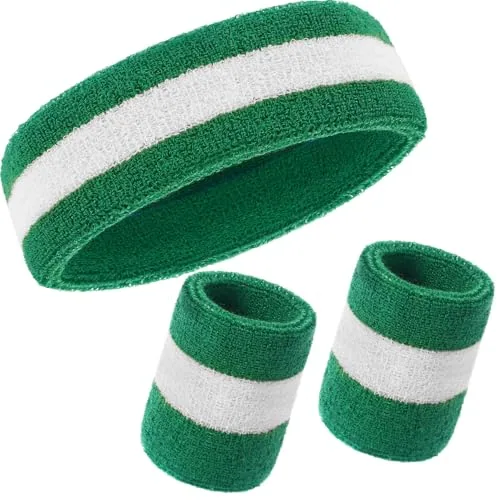 3 Pcs Sweatband Headband Wristbands for Men Women, White and Green
