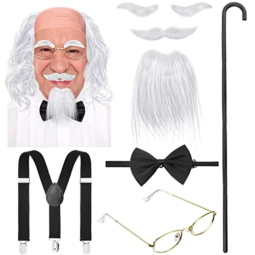 8 Pieces Old Man Costume Set for Grandpa Costume Accessories Silver White