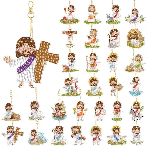 30 Pcs Mini Jesus Diamond Art Keychain Kits Double Sided Ornaments