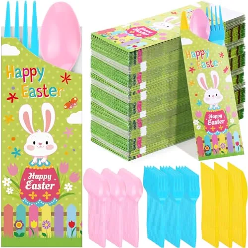 400 Pcs Easter Plastic Cutlery Set Paper Silverware Bags with Plastic
