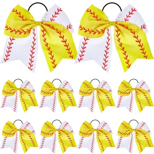 10 Pieces Baseball Hair Bows 6.5 Inch Large Softball Bow Ponytail Holders