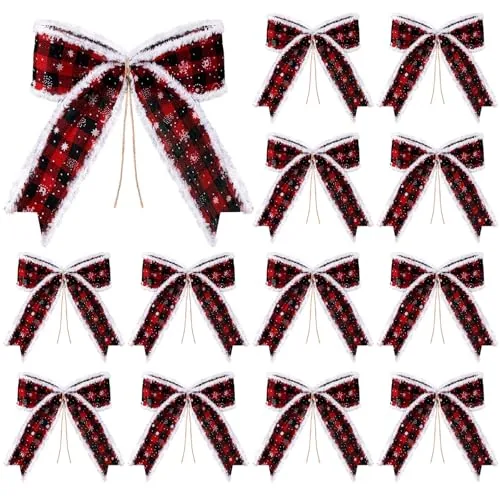 12 Pieces Red Black Buffalo Plaid Bows 7 x 7 Inches Christmas Snowflake