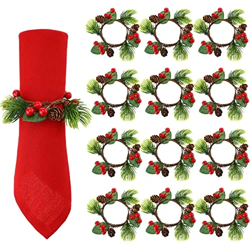 Christmas Napkin Rings Set of 12 Berry Napkin Ring Holders Pine Cones