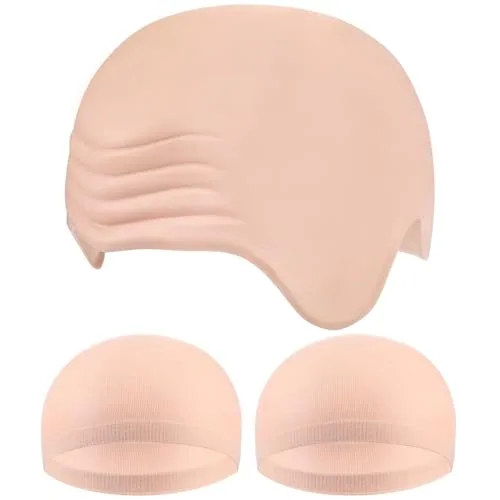 3 Pcs Halloween Bald Cap Set, 1 Latex Bald Cap 2 Nylon Head Caps