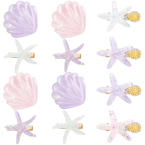 12 Mermaid Seashell Starfish Pearl Hair Clip Set