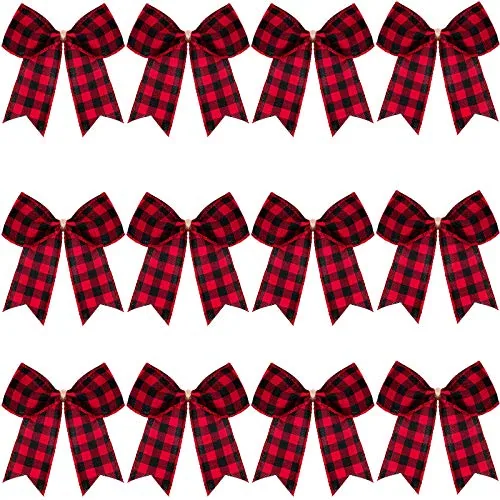 12 Pcs Buffalo Plaid Bows Red and Black 2.4 x 2.4 Inch