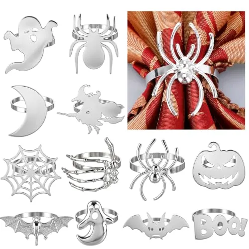12 Pcs Halloween Napkin Rings Metal Spooky Rings Holders Silver
