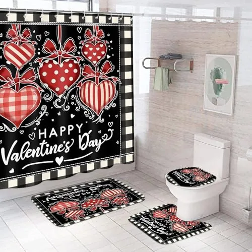 4 Pcs Valentine's Day Shower Curtain Set with Non Slip Rug Toilet Lid