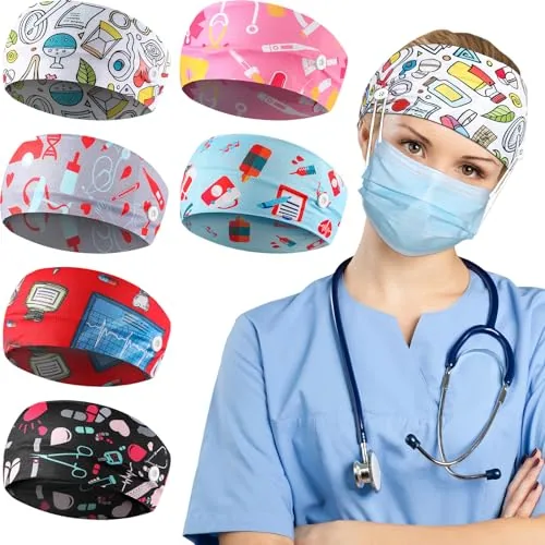 6 Pieces Button Headbands Non Slip Nurse Headbands 6 Styles Cute Pattern