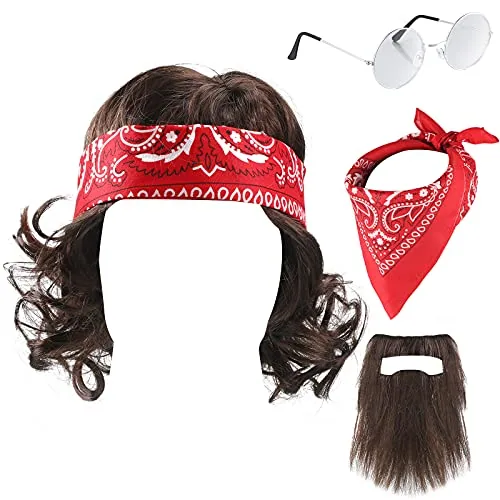Halloween Men's Costume Kit Curly Wig Bandana Glasses Mustache