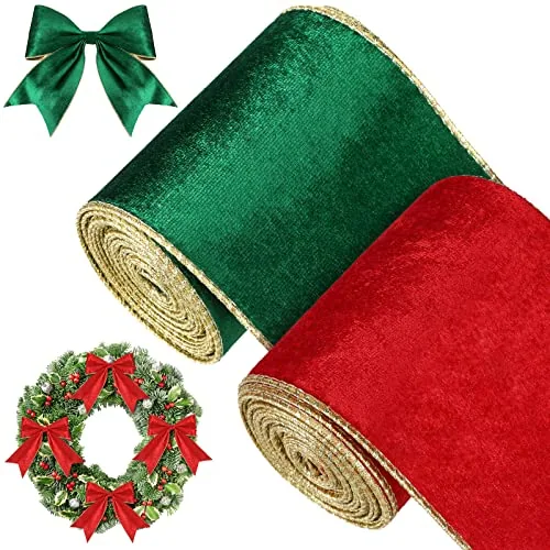2 Rolls Christmas Wired Ribbon, 4 Inch X 6 Yards