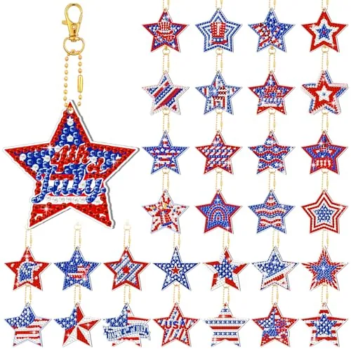 30 Pcs 4th of July Diamond Art Keychain Kits for Adults Patriotic Diamond