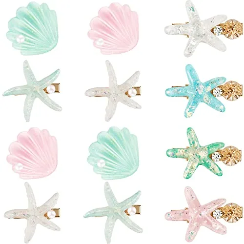 12 Mermaid Seashell Starfish Pearl Hair Clip Set