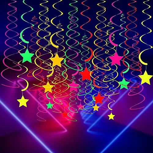 20 Pcs Neon Party Decorations UV Glow Star Swirl Hanging Decor