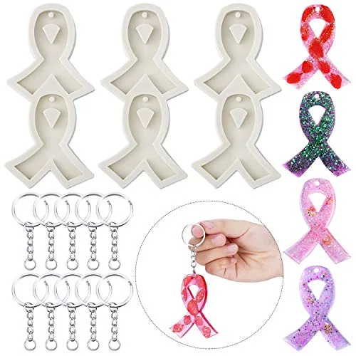 6 Pcs Breast Cancer Awareness Ribbon Silicone Resin Keychain Mold