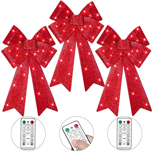 3 Pcs Large Christmas Lighted Red Bow 24x12 Inches LED Timer