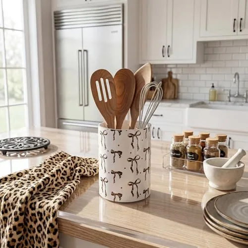 Leopard Bow Utensil Holder Acrylic Kitchen Countertop Organizer